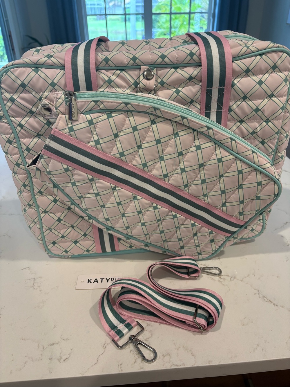 Katydid Quilted Pink Plaid Pickleball  Bag with Mint Trim and Striped Strap